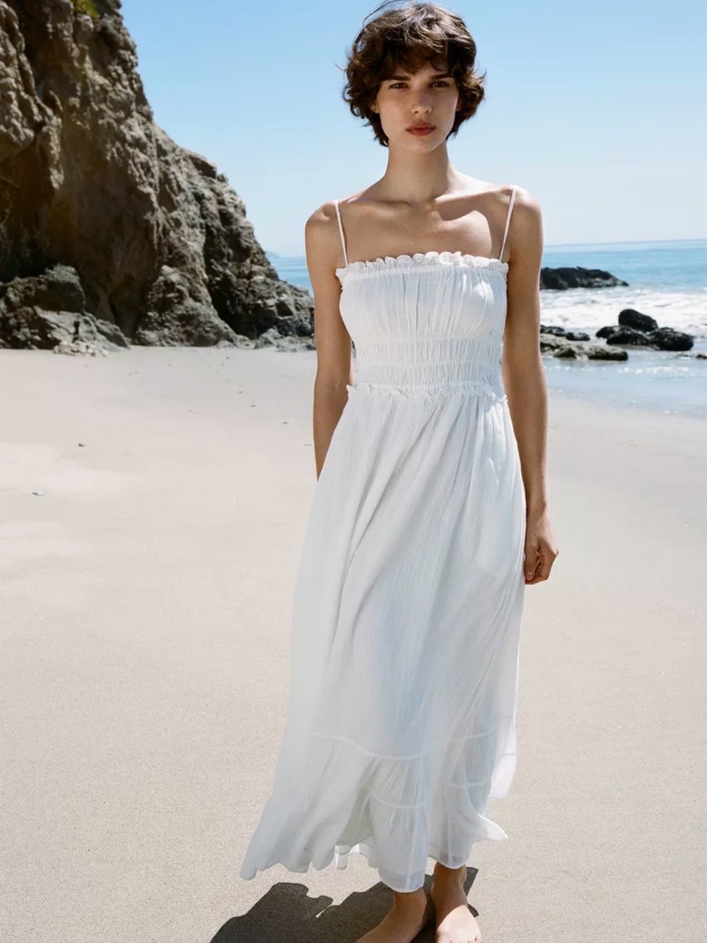 Zara White Smocked Maxi Sundress - Women's Lightweight Summer Dress
